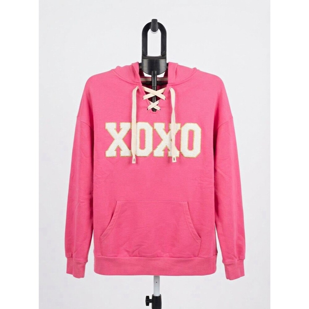 Women's Pink Hoodie Sweatshirt L Lace-Up V-Neck White Gold XOXO Graphic Top